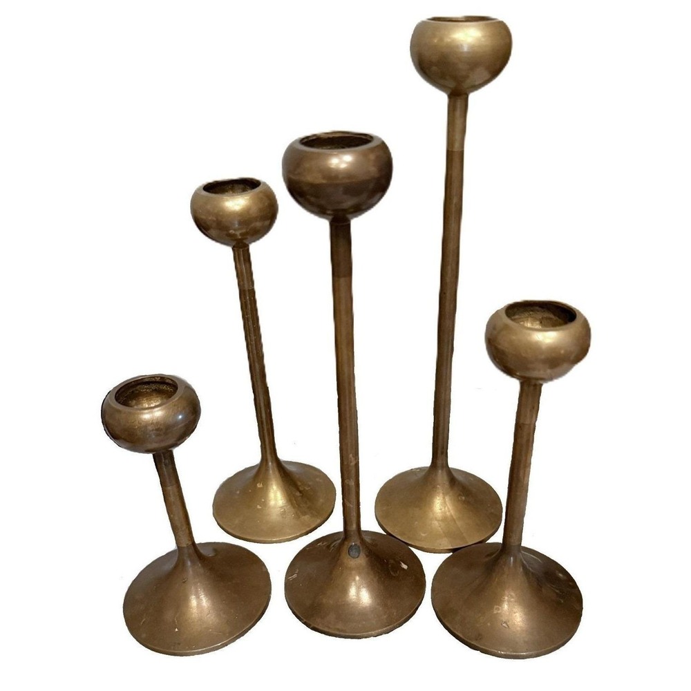 Vintage MCM Brass Orb Candlesticks Set of 5 Graduated Heights 4-8" Rich Patina